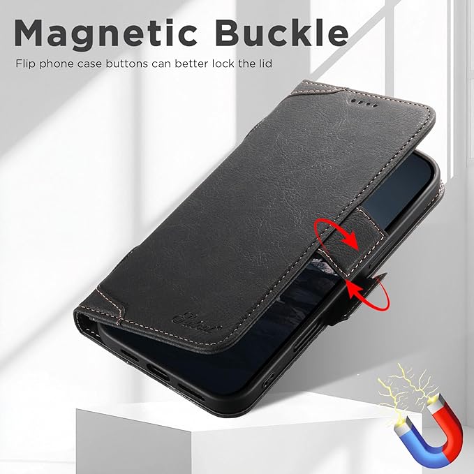 Leather Magnetic Wallet Case for iPhone 17 Pro Max Compatible with MagSafe & Wireless Charging, 3 Card Slots & ID Holder, Kickstand, 360° Military Shockproof Protection Premium Black