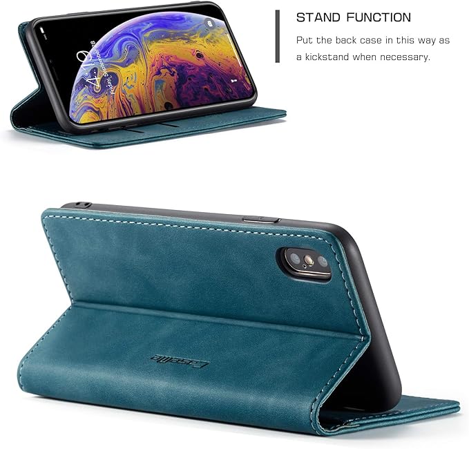 for iPhone Xs Max 6.5-Inch Case, Flip Wallet Leather Case with Card Holder Magnetic Closure Shockproof Kickstand Protective Phone Cases Cover for iPhone Xs Max, Blue-Green