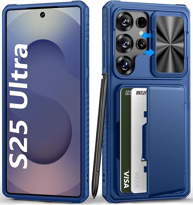 for Samsung Galaxy S25 Ultra Wallet Case, Card Holder (4-5 Cards), RFID Block, Slide Lens Cover, Military Grade Drop Proof, Hard Heavy Duty Men Women Protective Case for Galaxy S25 Ultra, Blue