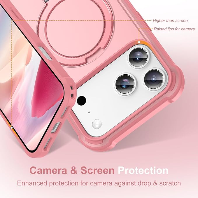 Compatible with iPhone 17 Pro Max Case with Invisible Magnetic Ring Stand [Compatible with Magnetic] [Military Drop Protection] Shockproof Slim Hard Back Soft Edge Case 6.9 Inch, Pink