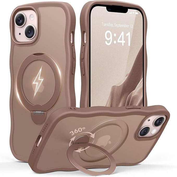 for iPhone 13 Case & iPhone 14 Case for Women,[Compatible with Magsafe][360° Spin Magnetic Stand][Cute Wave Edge][Military-Grade Protection]Translucent Matte Phone case for iPhone 13/14, Brown