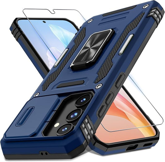 DEERLAMN Case for Samsung Galaxy S24 FE 6.7-Inch with Slide Camera Cover+Screen Protector(1 Pack), Rotated Ring Kickstand Military Grade Shockproof Protective Cover-Navy Blue