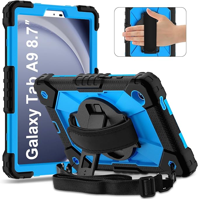 for Samsung Galaxy Tab A9 Case 8.7 inch SM-X110 X115 X117, Heavy Duty Shockproof Silicone Cover Rugged 360 Stand Hand Shoulder Strap for Galaxy A9 Tablet, Black/Blue