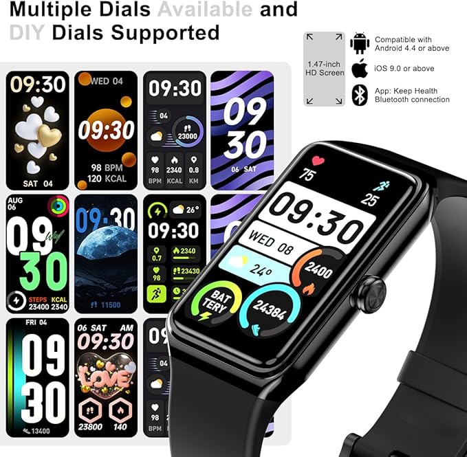 Fitness Tracker- Smart Watch with 1.47" Health Activity Trackers 24/7 Heart Rate,Stress Management, Monitor Blood Oxygen, Sleep Tracking Fitness Watch for Android iPhone Women Men (Black)