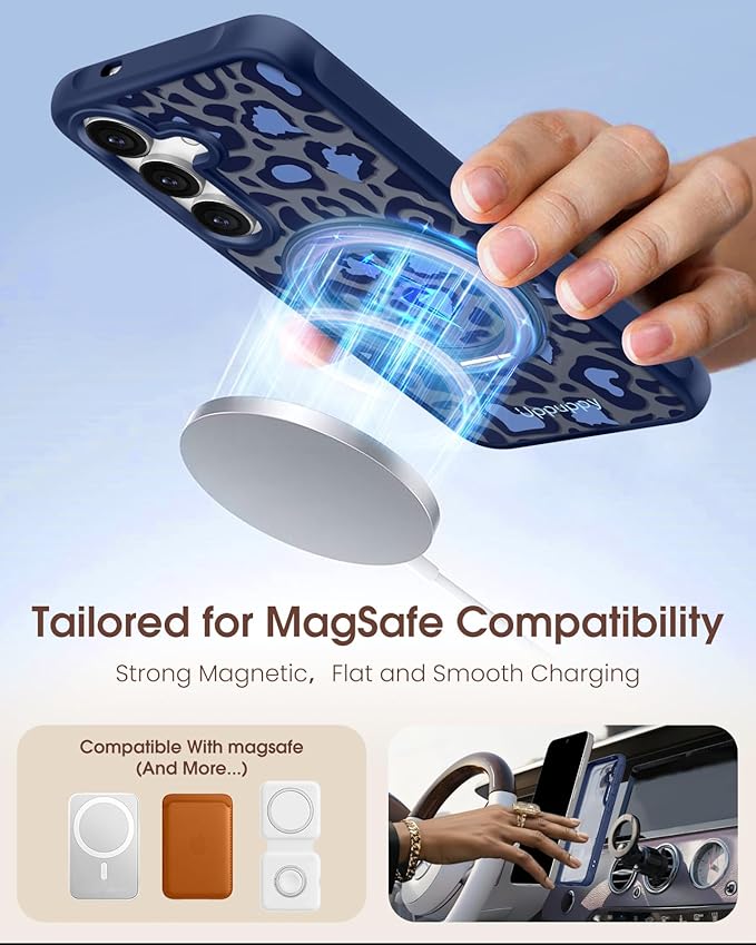 for Samsung Galaxy S25 Case with 360° Rotatable Magnetic Ring - Compatible with MagSafe, Semi-Transparent Soft-Touch Material Shockproof, Cute Blue Cheetah Print Design for Women Girl