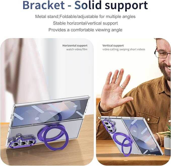 for Samsung Galaxy Z Fold 7 Case with Magnetic Ring Holder, 360 Rotating Bracket, Built-in Front Screen Len Protector, Anti-Yellowing & Anti-Fingerprint Crystal Clear Case.(Violet)