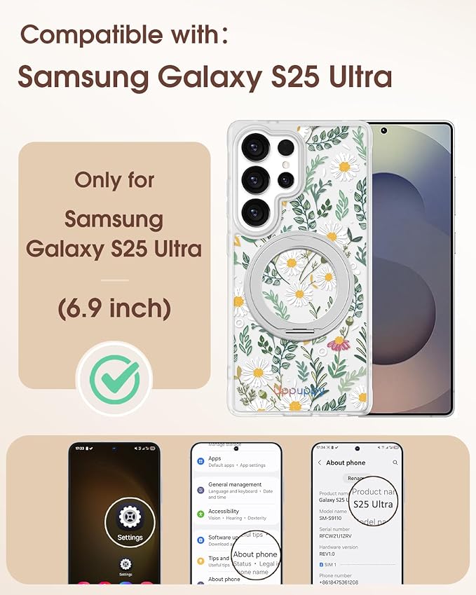 for Samsung Galaxy S25 Ultra Case with 360° Rotatable Magnetic Ring - Compatible with MagSafe, Semi-Transparent Soft-Touch Material Shockproof, Cute Daisy Flower Design for Women Girl