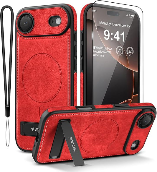 Magnetic for iPhone Air Leather Case,Built-in Invisible Stand [Compatible with Magsafe] Protective Slim Kickstand Phone Cover for iPhone Air Case, Red