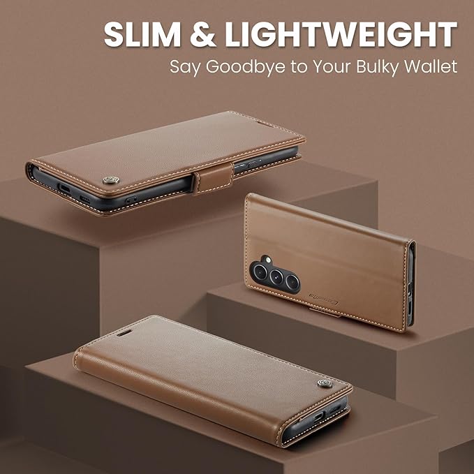 AUPAI for Samsung Galaxy S23 FE Wallet Case with Credit Card Holder, PU Leather RFID Blocking Folio Flip Kickstand Magnetic Clasp Protective Phone Cover for Women Men Brown