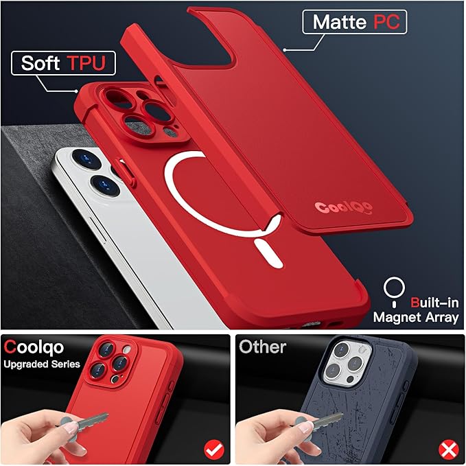 COOLQO Magnetic for iPhone 13 Pro Case, Compatible with MagSafe, Dual Layer Design Military Grade Protection, Translucent Matte Scratch-Resistant Back Protective Shockproof Phone Case, Red