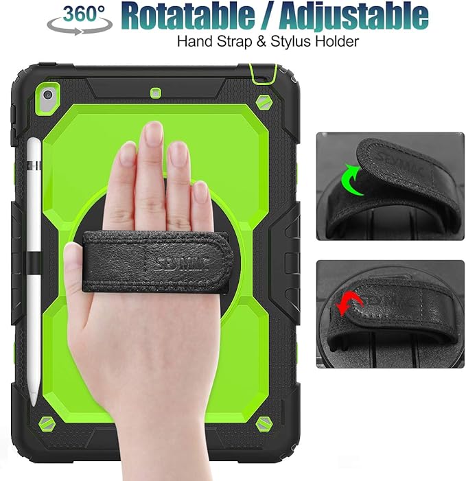 SEYMAC stock Case for iPad 9th/ 8th/ 7th Generation 10.2'', Shockproof with Screen Protector, Pencil Holder [360° Rotating Hand Strap] & Stand, for iPad 10.2 inch 2021-2019 (Green+Black)