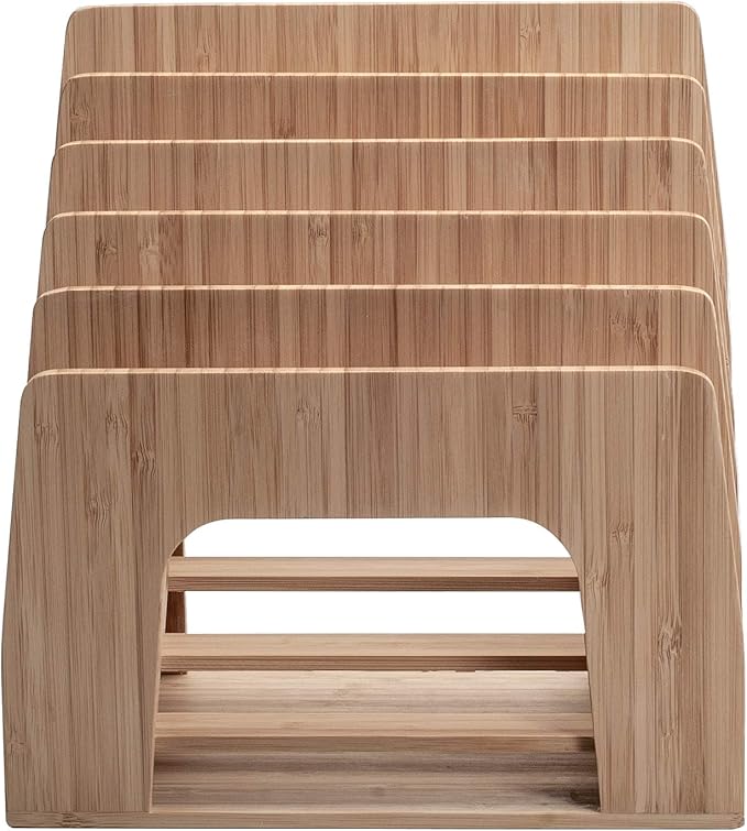 MobileVision Bamboo Multi Device Inclined Organizer for Smartphones, Tablets and Laptops, Upright Sections, Step Sorter, 5 Slots