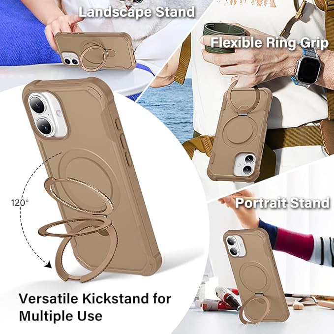 Designed for iPhone 16 Case with Magnetic Stand [Military Drop Protection][Compatible with Magnet] Shockproof 16 Phone Case with Ring Holder, Khaki