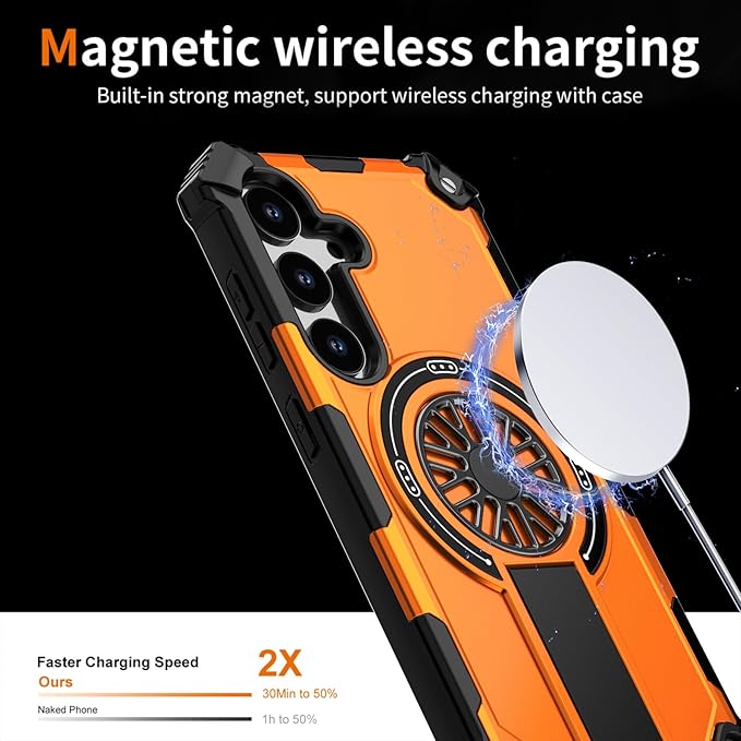 Magnetic Case for Galaxy S25/Galaxy S24, Built-in Stand [Compatible with Mag-Safe] Shockproof Protective Cover Case for Samsung Galaxy S25/Galaxy S24 Orange