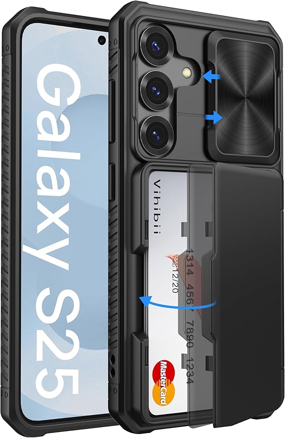 Vihibii for Samsung Galaxy S25 Case with Card Holder (4 Cards), [RFID Blocking] & Slide Camera Cover & Military Grade Drop Protection, Silicone Edge Wallet Case for Samsung Galaxy S25 6.2" 2025, Black