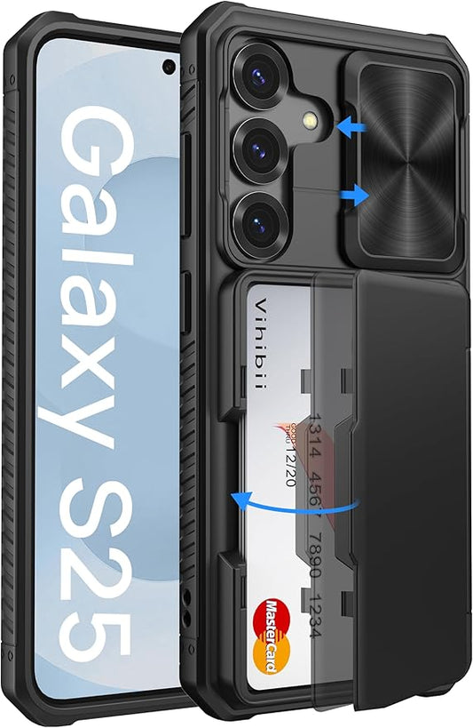 Vihibii for Samsung Galaxy S25 Case with Card Holder (4 Cards), [RFID Blocking] & Slide Camera Cover & Military Grade Drop Protection, Silicone Edge Wallet Case for Samsung Galaxy S25 6.2" 2025, Black