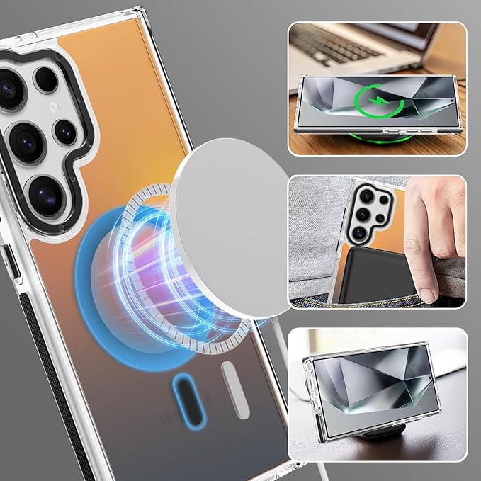 MOWIME Magnetic Case for Samsung Galaxy S24 Ultra [Compatible with Magsafe] [Cute Fashion Fluorescent Design] [1 Screen Protector] Slim Translucent Matte Case for Galaxy S24 Ultra 6.8", Black