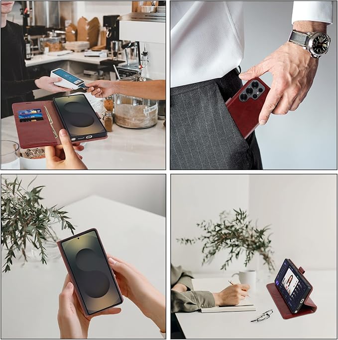 MONASAY Wallet Case Fit for Samsung Galaxy S25 Ultra 6.9 inch, [Lens & Glass Screen Protector Included] [RFID Blocking] Flip Folio Leather Cell Phone Cover with Credit Card Holder, Burgundy