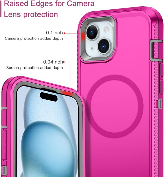 for iPhone 13/14/15 Case [Compatible with MagSafe] Shockproof 3-Layer Full Body Protection Rugged Heavy Duty Cover Case for Apple iPhone 13/14/15 6.1",Rose Red/Grey