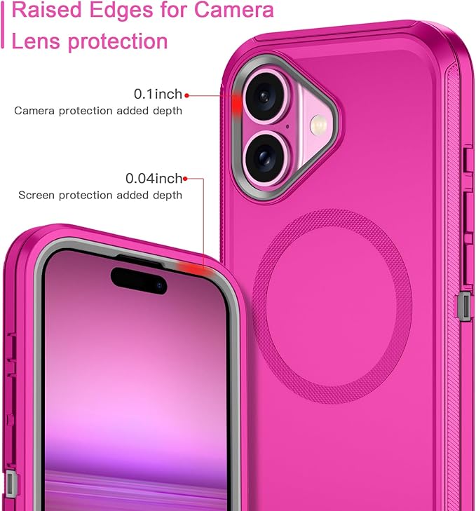 for iPhone 16 Plus Case [Compatible with MagSafe] Shockproof 3-Layer Full Body Protection [Without Screen Protector] Rugged Heavy Duty Cover Case for Apple iPhone 16 Plus 6.7",Rose Red/Grey