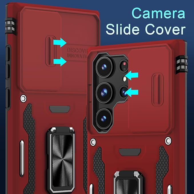 DEERLAMN Case for Samsung Galaxy S25 Ultra with Slide Camera Cover+Screen Protector (1 Pack), Rotated Ring Kickstand Military Grade Shockproof Protective Cover-Red