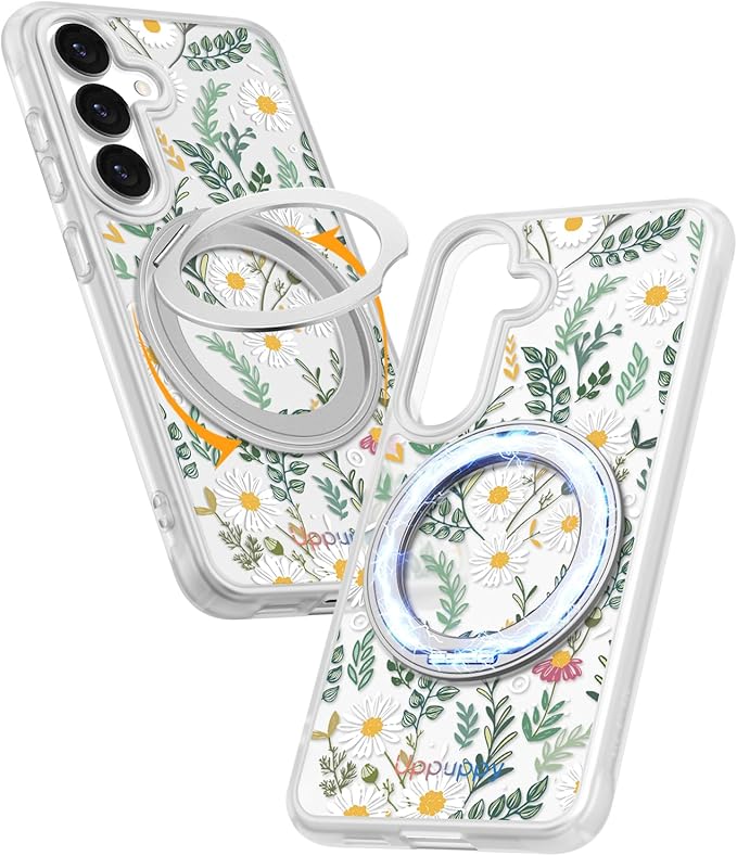 for Samsung Galaxy S25 Case with 360° Rotatable Magnetic Ring - Compatible with MagSafe, Semi-Transparent Soft-Touch Material Shockproof, Cute Daisy Flower Design for Women Girl