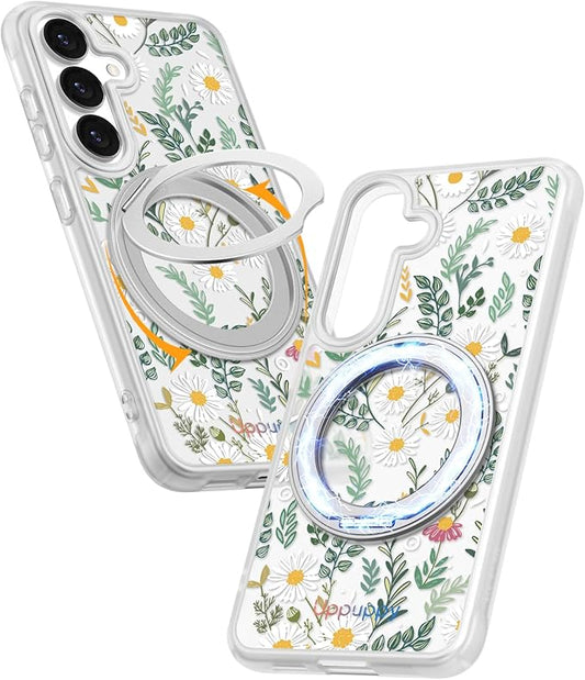 for Samsung Galaxy S25 Case with 360° Rotatable Magnetic Ring - Compatible with MagSafe, Semi-Transparent Soft-Touch Material Shockproof, Cute Daisy Flower Design for Women Girl