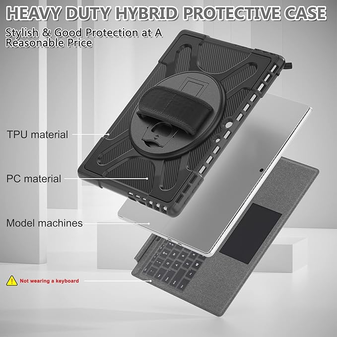 DreamerX for Microsoft Surface Pro 11 10 9 Case, Rugged Shockproof Protective Kids Case for Surface Pro 11 10 9 13 inch with Stand Hand Strap Pen Holder, Compatible with Type Cover Keyboard, Black