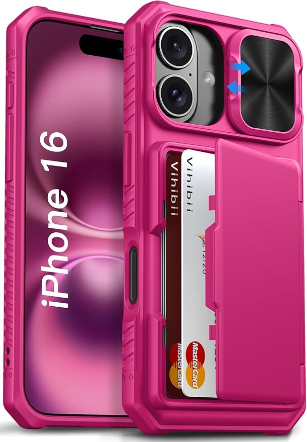 Vihibii for iPhone 16 Case Wallet with Card Holder (4 Cards) [RFID Blocking] & Slide Camera Cover & Raised Edges Protect Screen, Shockproof Rugged Phone Cover for iPhone 16 6.1" 2024, Pink