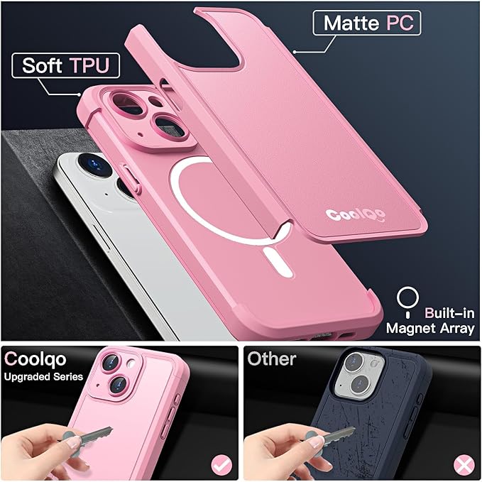COOLQO Magnetic for iPhone 13 Case, Compatible with MagSafe, Dual Layer Design Military Grade Protection, Translucent Matte Scratch-Resistant Back Protective Shockproof Phone Case, Pink