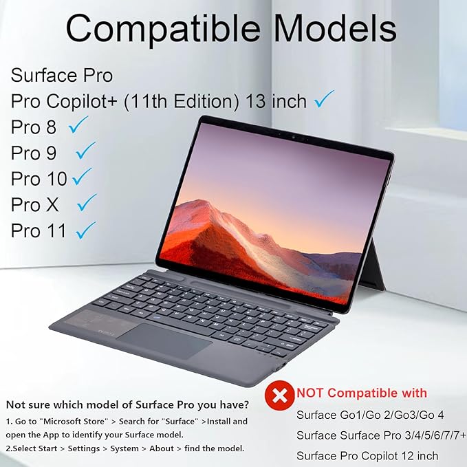 mobee Type Cover for Microsoft Surface Pro 13 inch, Compatible with Surface Pro 13"(11th Edition) / Pro 11 / Pro 10 / Pro 9 / Pro 8 / Pro X, Slim Keyboard with Trackpad Mouse, Backlit, & Pen Holder