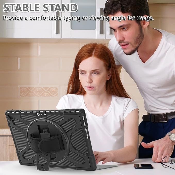 Junfire Protective Case for Microsoft Surface Pro 7 Plus, Surface Pro 7/6/5/4 Shockproof Rugged Case with 360°Rotating Kickstand/Hand Strap/Stylus Holder, Compatible with Type Cover Keyboard,Black