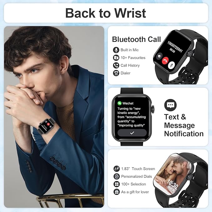 Smart Watches for Men Women 1.83" HD Display Activity Fitness Tracker Smartwatches for Android iOS Phones with Bluetooth Call/Heart Rate/Blood Pressure/Sleep Monitor/100+ Sport/IP67 Waterproof, Black