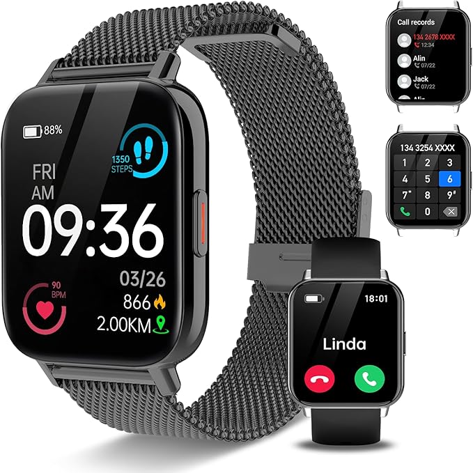 Smart Watch for Men Women (Answer/Make Calls) 1.85" HD Fitness Tracker Smartwatch Compatible Android iOS Phones with Step Counter/Heart Rate/Sleep,120+ Sports Modes IP68 Waterproof, Black 2 Bands