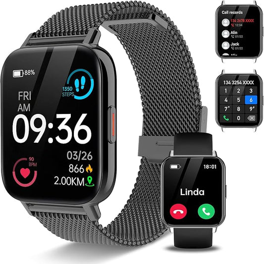 Smart Watch for Men Women (Answer/Make Calls) 1.85" HD Fitness Tracker Smartwatch Compatible Android iOS Phones with Step Counter/Heart Rate/Sleep,120+ Sports Modes IP68 Waterproof, Black 2 Bands