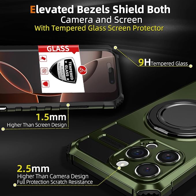 for iPhone 16 Pro Case Magnetic Compatible with Wireless Charging,16 Pro Phone Case with 2 Screen Protector,Built-in Kickstand Ring Military Grade Drop Shockproof Heavy Duty Protection Green
