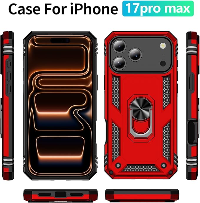 ADDIT Compatible with iPhone 17 Pro Max Case with Tempered Glass Screen Protector, Adjustable Kickstand Ring, Military-Grade Heavy Duty Protection, Shockproof, Anti-Fingerprint,Red