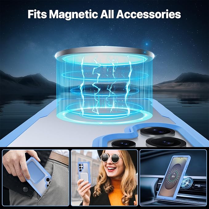 CENHUFO Magnetic Privacy for Samsung Galaxy S25 Ultra Case, Full Body Phone Case with Built-in 9H Tempered Glass Privacy Screen Protector and Camera Lens Cover, Shockproof Bumper - Light Blue