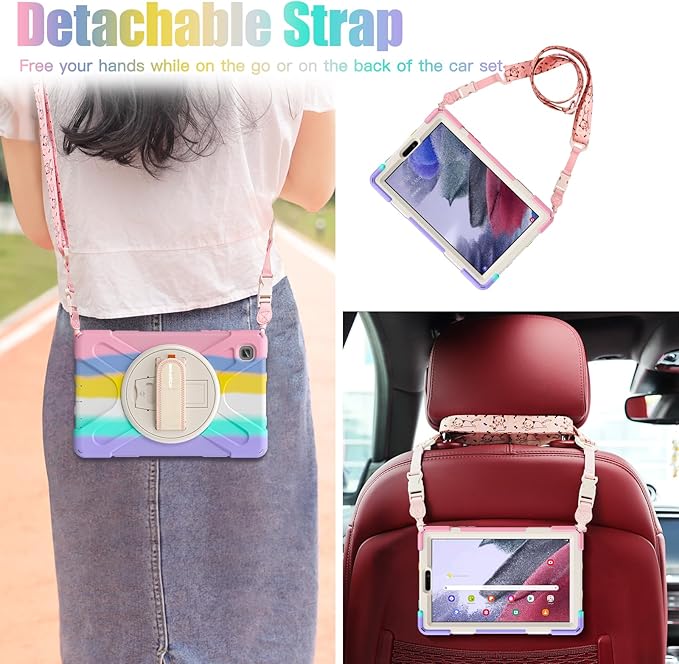 BRAECNstock Kids Case for Samsung Galaxy Tab A7 Lite 8.7 inch 2021(SM-T220/T225/T227) Shockproof Protective Tab A7 Lite Cover with Screen Protector Rotating Hand Strap+Stand Pen Holder - Colorful Pink