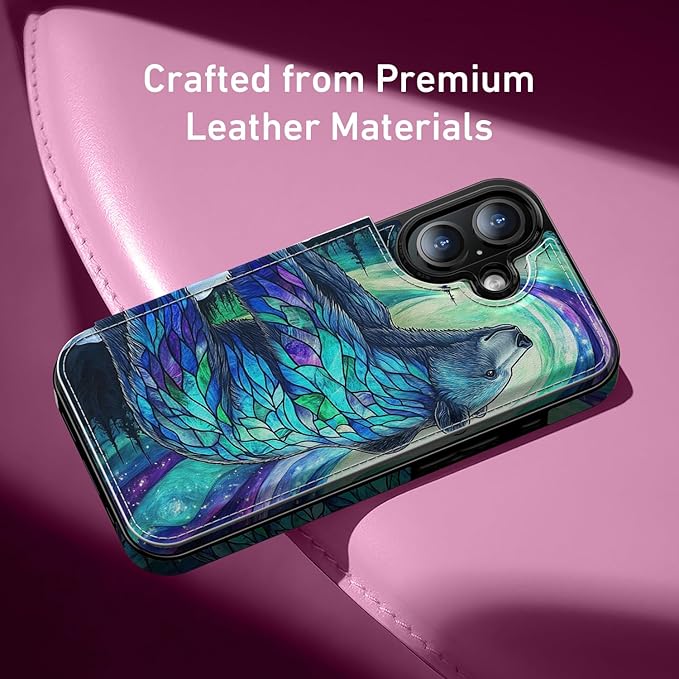 FUNMIKO for iPhone 16 Plus Wallet Case with Card Holder, RFID-Blocking, Military-Grade Protection & UV-Printed Artwork, Magnetic Closure with Leather Kickstand - Prismatic Aurora Bear