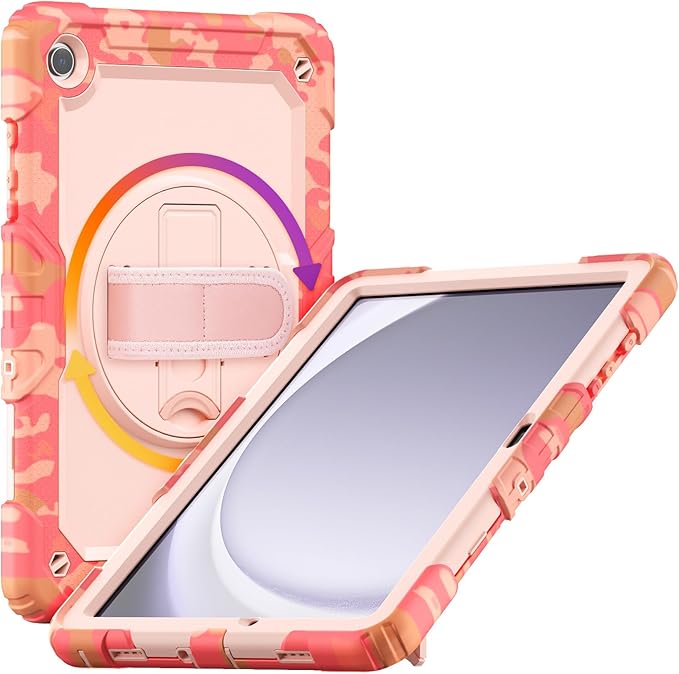 Case for Samsung Galaxy Tab A9+/ A9 Plus Case 11" 2023, Heavy Duty Shockproof Protective Case with Screen Protector, Hand Strap, Shoulder Strap, 360° Rotating Stand Camo Pink