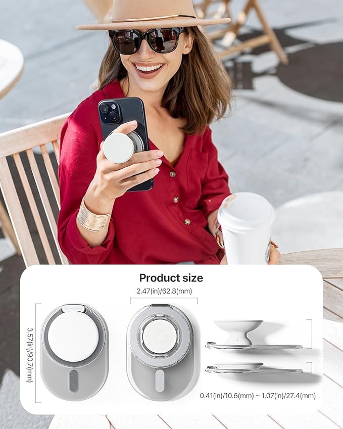 Sinjimoru Phone Grip Stand, Compatible with MagSafe, Adaptor Ring Included, 3000G Kickstand for iPhone 17/16/15/14/13. M-Tap Tok Stand Clear White