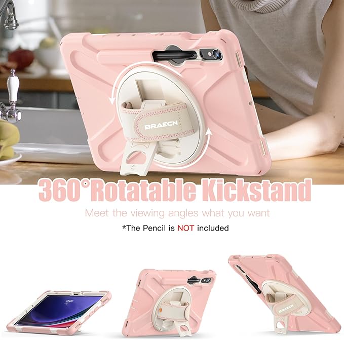 BRAECNstock for Samsung Galaxy Tab S10 Lite/ S10 FE/ S9 FE/ S9/ S8/ S7 5G Case 10.9"/11", Shockproof Protective Kids Case with Pen Holder, Rotating Hand Strap & Stand, Shoulder Strap, Sakura Pink