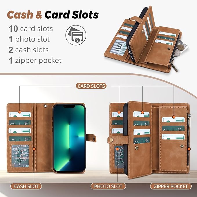 TwoHead for iPhone 13 Pro Max Wallet Case with Card Holder & Detachable Magnetic Phone Case, Leather All-Round Protection Phone Case Wallet for Women/Men,6.7 in,Brown