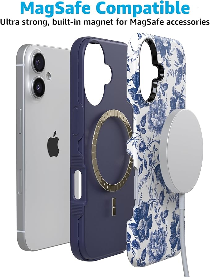 Casely iPhone 17 Case | Rose to Fame | Blue & White Rose Floral | Compatible with MagSafe | Bold Protective Design