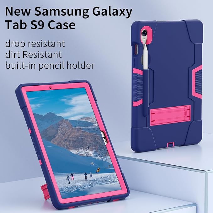 case for Galaxy Tab S10 FE / S9 (2023) 11" / S9 FE / S7 / S8 Case, Soft Silicone & Hard Pc 3-Layer Military Protector Cover for Tab S10 FE with S-Pen Holder Stand Navy Blue+Rose Red