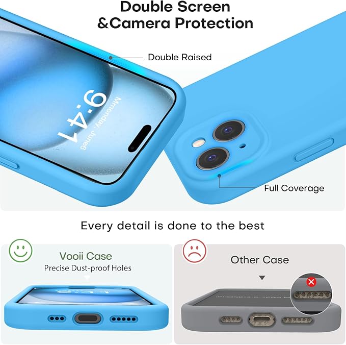 Vooii Compatible with iPhone 15 Case, Upgrade Defender Liquid Silicone, [Enhanced Camera Protection] [Soft Anti-Scratch Microfiber Lining] Shockproof Phone Case for iPhone 15 6.1 inch - Blue