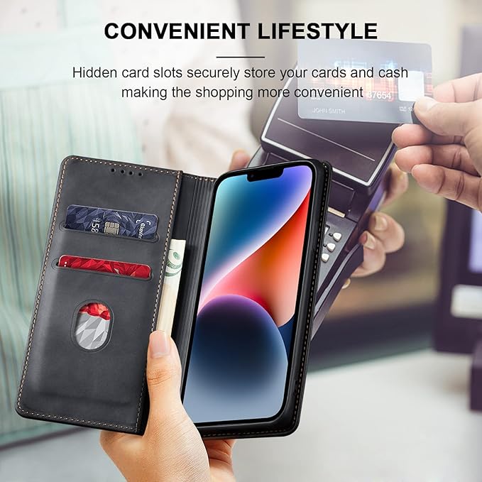 Jasonyu Flip Wallet Case for iPhone 14 5G,Leather Magnetic Folio Cover with Card Holder,Kickstand - TPU Shockproof Durable Protective Phone Case,Black