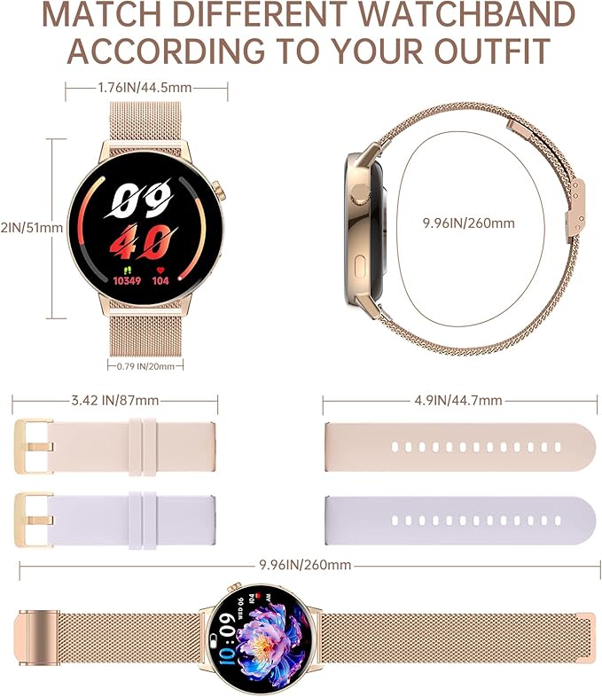 Smart Watch for Women (Make/Answer Call),1.32" HD Touch Screen Watchs for Android and iOS Phones Compatible, Fitness Tracker with Heart Rate/Sleep Monitor/AI Voice/IP68 Waterproof, Gold(3 Bands)