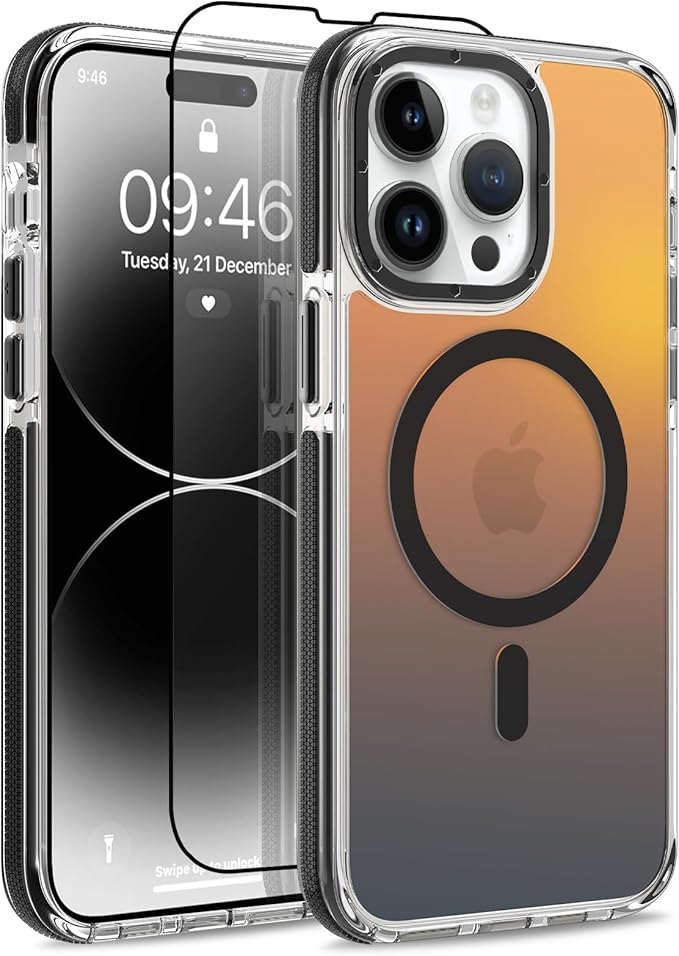 MOWIME Magnetic Case for iPhone 14 Pro Max [Compatible with Magsafe] [Cute Fashion Fluorescent Design] [1 Screen Protector] Slim Translucent Matte Case for iPhone 14 Pro Max 6.7" 2022, Black